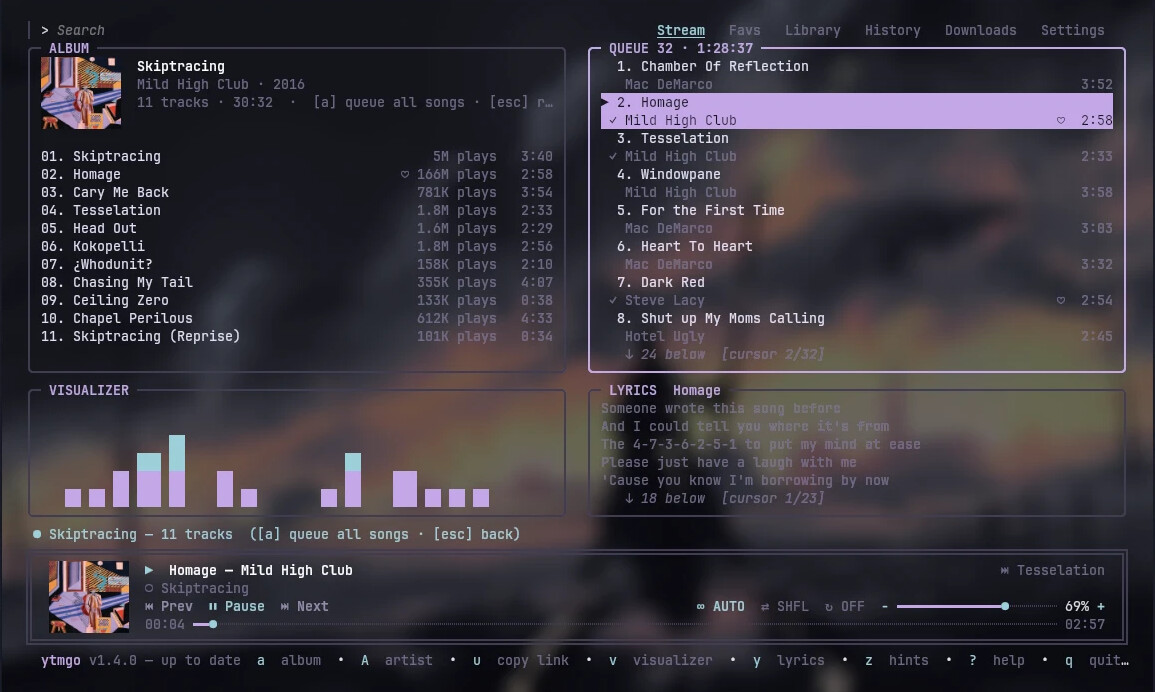 ytmgo in a terminal: an album, the queue, a visualizer and lyrics