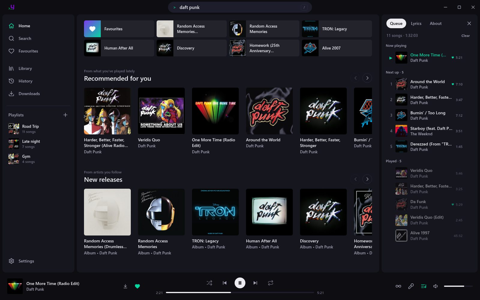 ytmgo for Windows: Home with recent albums, recommendations and new releases, the queue beside it and the player below